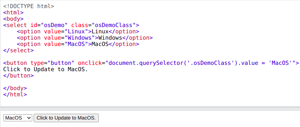 set selected options in JS using selector after